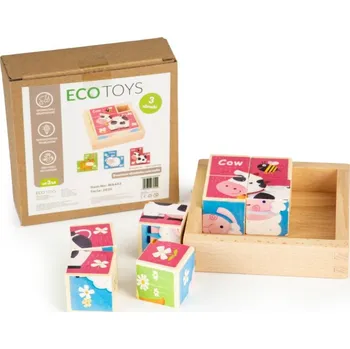 Dřevěná hračka ECOTOYS Dřevěné kostky Zvířátka, 8 kostek