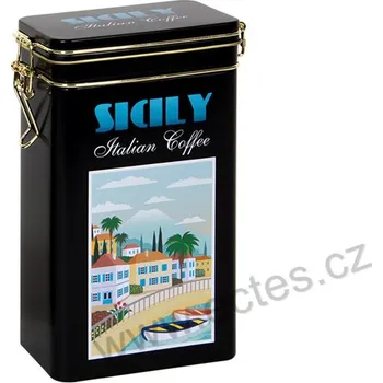 Dóza na potraviny SICILY černá hermetická plechová dóza s klipem na kávu 291 domky u moře