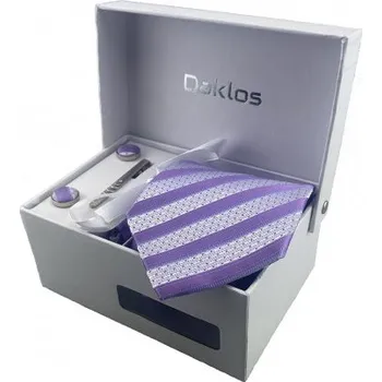 Kravata Luxusní set s fialovými a stříbrnými s pruhy - Kravata, kapesníček, manžetové knoflíčky, kravatová spona v dárkovém balení