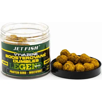 Boilies JetFish Jet Fish Legend Range Vyvážené boosterované Dumbles PROTEIN BIRD MULTIFRUIT 12mm 200ml