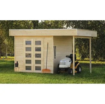 Zahradní stavba Dřevěný zahradní domek SKAN HOLZ Venlo 2 přírodní 380 x 250 cm vč. přístřešku