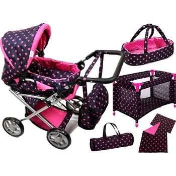 Kočárek pro panenku Doris 5v1 kočárek pro panenky, černý s puntíky