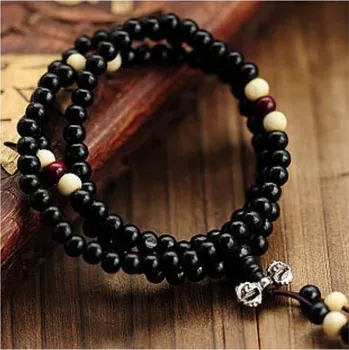 Souprava šperků Trendy Buddhistický náramek z Růžového dřeva s přívěškem a světlými korálky - černý