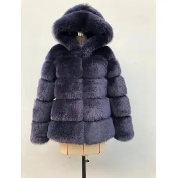 Dámská parka Tlustý kožich s kapucí zimní dámská bunda chlupatá Barva: Tmavě Modrá, Velikost: L