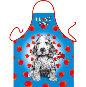 Kuchyňská zástěra Zástěra Pejsek s růží a nápisem Miluji tě