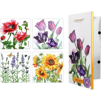 prostírání Carmani® Carmani - Korkové prostírání pod skleničky KVĚTY, levandule, vlčí mák, tulipány, slunečnice v dárkovém balení 4 ks - 10*10 cm