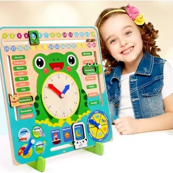 Dřevěná hračka Dětský dřevěný vzdělávací kalendář s hodinami v angličtině