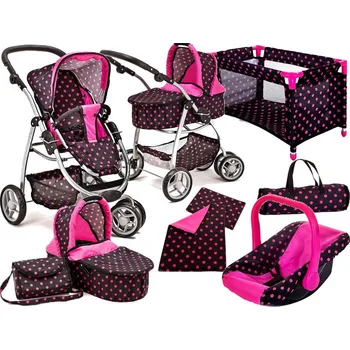 Kočárek pro panenku Doris Kočárek pro panenky 7v1 černý s puntíky