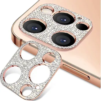 Pouzdro na mobilní telefon Ochranný kovový kryt na fotoaparát s kamínky pro iPhone 13 PRO Barva: Rose gold