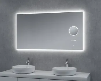 Zrcadlo Zrcadlo s LED osvětlením, kosmetickým zrcátkem a hodinami 140 x 65 cm