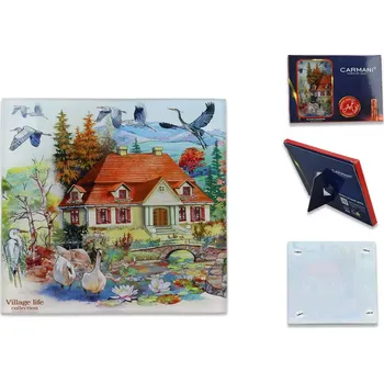 Carmani® Carmani - Skleněné prostírání pod hrnek, Venkovský dům u rybníka v dárkovém balení - 10,5*10,5 cm