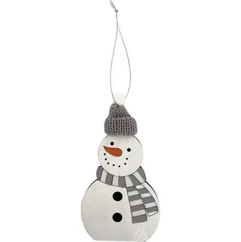 Vánoční dekorace Závěs dřevo 85X160Mm Sněhulák s šálou, bílá, šedá