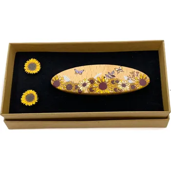 Náušnice art-wood.cz Dřevěná spona do vlasů + náušnice - slunečnice s motýly