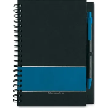 Černý blok, A5 s modrým pruhem a perem