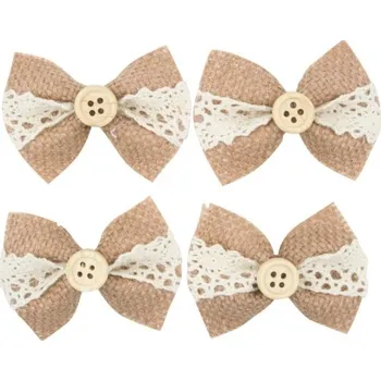 Vánoční dekorace Mašle jutová s lepíkem 5 cm, 4 ks