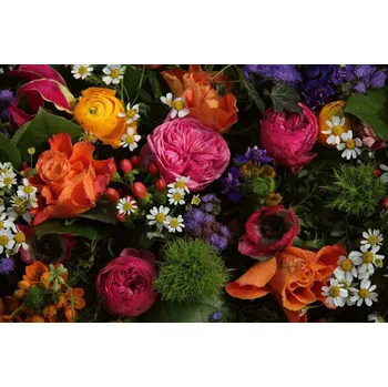 Fototapeta DIMEX | Vliesová fototapeta Jarní kytice MS-5-1357 | 375 x 250 cm| zelená, fialová, oranžová, růžová + Vliesová fototapeta na stěnu DIMEX Jarní kytice MS51357 v rozměru 375 x 250 cm + lepidlo zdarma