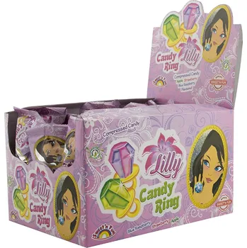 Prsten PRSTÝNEK z ovocného komprimátu 12 g - LILLY CANDY RING - balení 48 ks (RING POP / balený prstýnek z ovocného komprimátu / cena za balení)