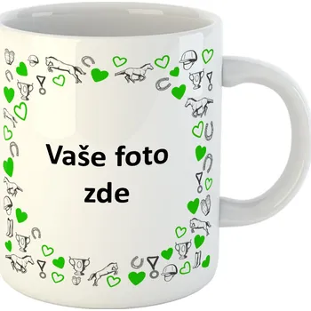 Hrneček s vlastní fotkou a srdíčky s doplňky pro koně okolo - 330ml bílý Barva: Zelená
