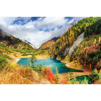 Fototapeta DIMEX | Vliesová fototapeta Podzimní krajina s jezerem MS-5-3072 | 375 x 250 cm | zelená, bílá, žlutá + Vliesová fototapeta na stěnu DIMEX Podzimní krajina s jezerem MS53072 v rozměru 375 x 250 cm + lepidlo zdarma