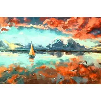 Fototapeta DIMEX | Vliesová fototapeta Malba - Plachetnice MS-5-2037 | 375 x 250 cm| modrá, oranžová + Vliesová fototapeta na stěnu DIMEX Malba - Plachetnice MS52037 v rozměru 375 x 250 cm + lepidlo zdarma