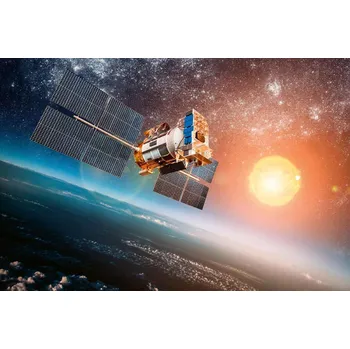 Fototapeta DIMEX | Vliesová fototapeta Satelit obíhající zemi MS-5-2267 | 375 x 250 cm| modrá, černá, žlutá, oranžová + Vliesová fototapeta na stěnu DIMEX Satelit obíhající zemi MS52267 v rozměru 375 x 250 cm + lepidlo zdarma