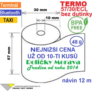 Papír pro tiskárny Termo kotouček 57/30/10 BPA 12m bez dutinky (57/30/ECL, 57mm x 12m) Množství: 10 ks kotoučků ve fólii bez dutinky=víc navinutého papíru