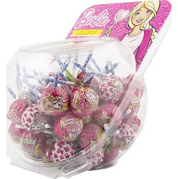 Bonbon Lízátko BARBIE 15 g - ovocné & žvýkačka - dóza 50 ks (ovocné lízátko FRUIT / dóza 50 ks / Barbie lízátko)
