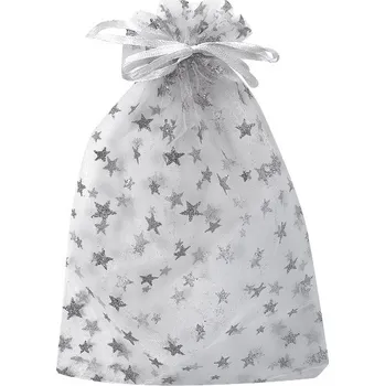Vánoce Pytlík organzový bílý s hvězdami s glitrem 9 x 12 cm 6013