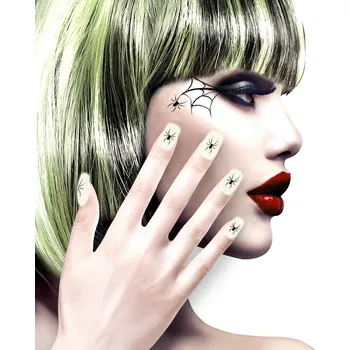 Karnevalový doplněk set 12 samonalepovacích pavouků na nehty svítících ve tmě