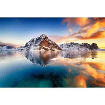 Fototapeta DIMEX | Vliesová fototapeta Norské Lofoty MS-5-3083 | 375 x 250 cm | modrá, bílá, oranžová + Vliesová fototapeta na stěnu DIMEX Norské Lofoty MS53083 v rozměru 375 x 250 cm + lepidlo zdarma