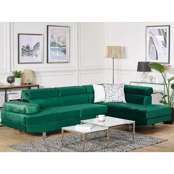 Pohovka rohová pohovka, levostranná, zelená, čalouněná sametová 5místná pohovka s nastavitelnými opěrkami hlavy. Pohovka do obývacího pokoje Beliani