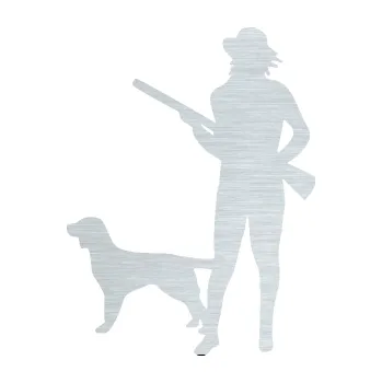 Samolepicí dekorace na vozidlo Lov 002 levá myslivkyně se psem (61 - škrábaný hliník) SAMOLEPKA NA AUTO, NÁLEPKA, FÓLIE, POLEP, TUNING, VLASTNÍ TEXT, TISK, AUTOSAMOLEPKY.cz, POLEPY, OBRÁZEK, LOGO, 3D STICKERS