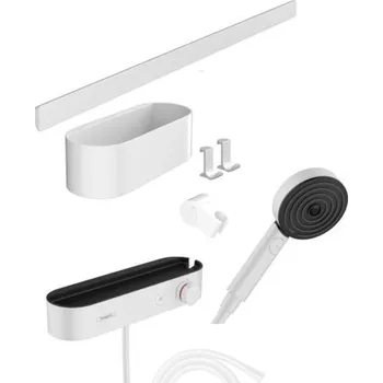 Sprchový set WallStoris sada: ruční sprcha 105 3jet Activation EcoSmart, termostat, nástěnná tyč 70 cm a sada pro odkládání, matná bílá 24250700