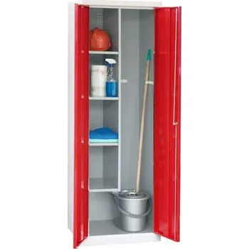 Úklidová, kovová skříň, v x š x h: 1800 x 600 x 500 mm, levá část 4 police, barva šedá RAL7035 / červená RAL3020
