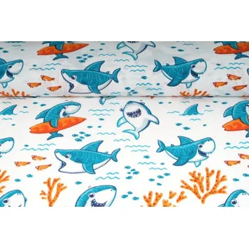 Plátno bavlněné, žralok na bílé, metráž, látky