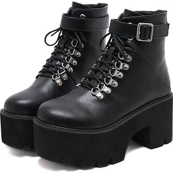 Dámské kozačky Chunky kotníkové boty dámské s páskem a šněrováním Barva: Černá, Velikost: 36