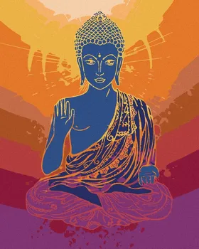 Zuty Buddha na oranžovém pozadí 40 x 50 cm