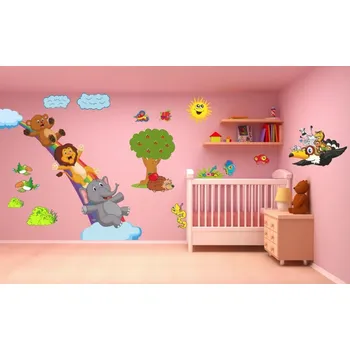 Samolepící dekorace Barevná dětská nálepka na zeď veselé duhové zvířátka 100 x 200 cm