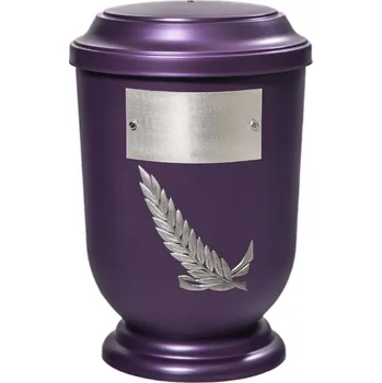 Smuteční dekorace Pohřební Plastová urna na popel, oválné prohlé víčko, fialová, štítek č. 52, 100 x 50, stříbrná snítka