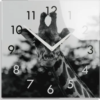 Hodiny Dekorační černobílé skleněné hodiny 30 cm s motivem žirafy