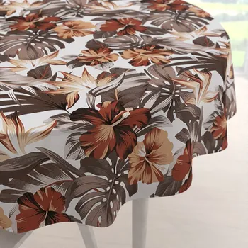 ubrus Bavlněný kulatý ubrus Sandra SA-441 Hnědo-cihlové květy a listy monstery Ø 70 cm
