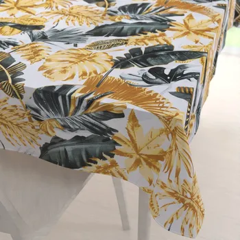 ubrus Velký bavlněný obdélníkový ubrus Sandra SA-388 Šedozelené a zlaté tropické listy na bílém 160x200 cm