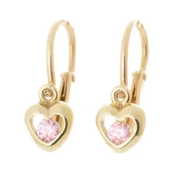 Náušnice Dětské náušnice srdíčka ze žlutého zlata s růžovými zirkony ZNA243F + Dárek zdarma