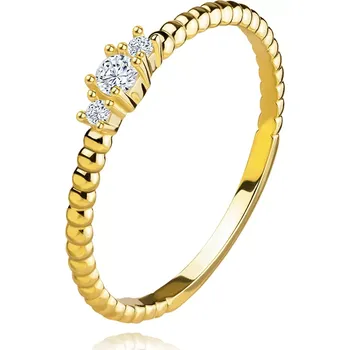 Prsten Prsten ze žlutého 14K zlata - tři čiré zirkony, koule, tenká ramena - Velikost: 58