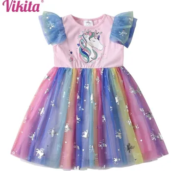 Dívčí šaty Unicorn (Jednorožci) VIKITA dívčí šaty s řaseným rukávem a duhovou tutu sukní - jednorožec Velikost: 6T