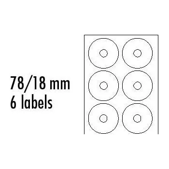 Samolepící etiketa Logo etikety na CD 78/18mm, A4, matné, bílé, 6 etiket, 140g/m2, baleno po 10 ks, pro inkoustové a laserové tiskárny