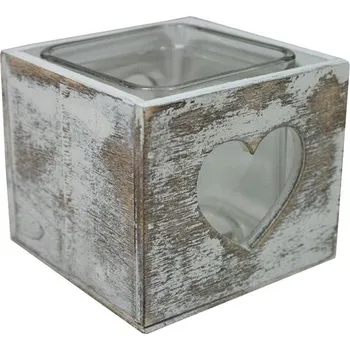 Svícen GOBA srdce patina dřevo-sklo 9 × 9 cm