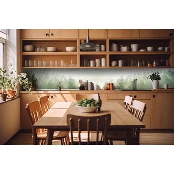 Fototapeta DIMEX | Fototapeta do kuchyně Sluneční paprsky nad lesem KI-420-196 | 420 x 60 cm | zelená, bílá, krémová + Samolepicí fototapeta za kuchyňskou linku DIMEX Sluneční paprsky nad lesem v šíři 420 cm