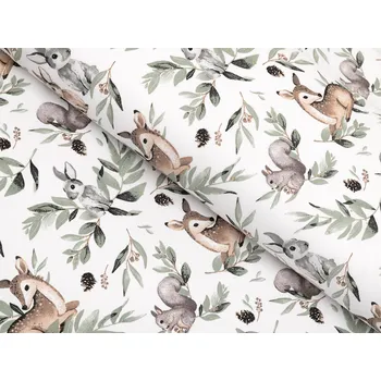 Dětská bavlněná látka/plátno Sandra SA-455 Koloušci zajíčci a veverky na bílém - šířka 160 cm