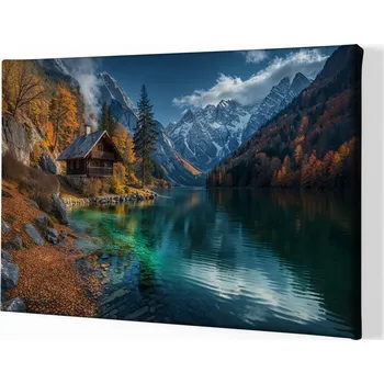 Obraz Obraz na plátně - Podzimní ráno v chatce u jezera FeelHappy.cz Velikost obrazu (šířka x výška): 120 x 80 cm